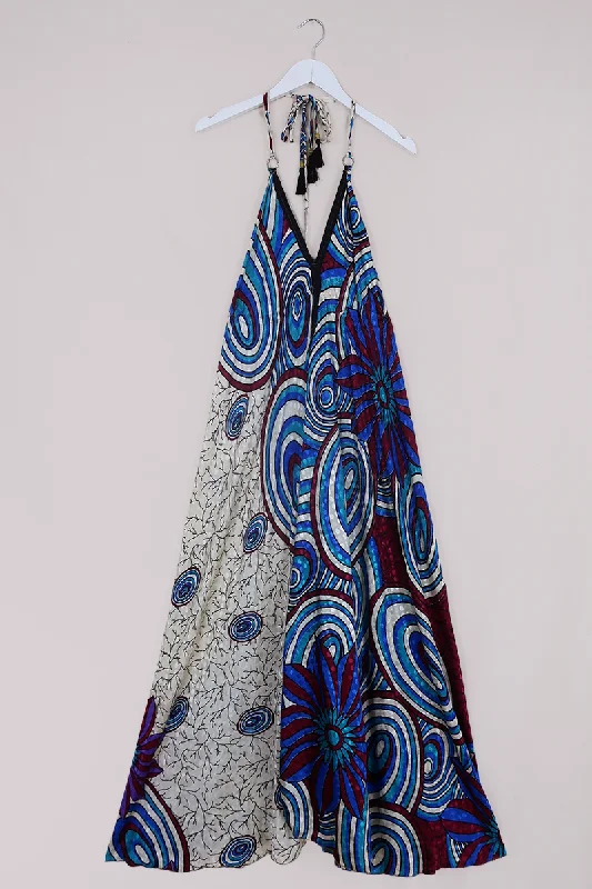 Eden Halter Maxi Dress - Vintage Sari - Cloudy Sky Kaleidoscope - Free Size S - L