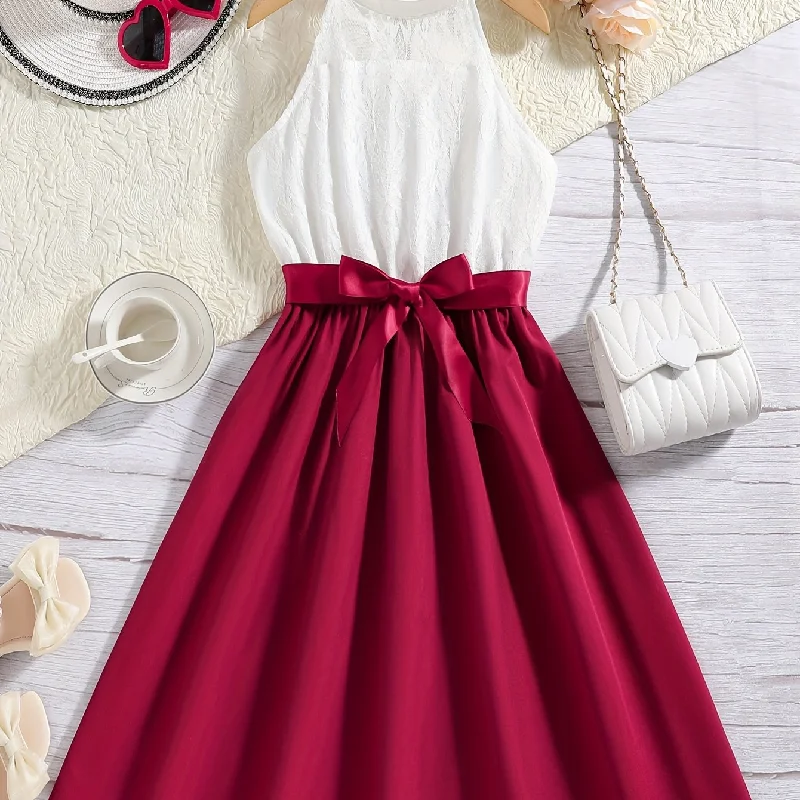 Elegant Girls Splicing Halter Neck Sleeveless Dress With Bow Belt Summer Party Gift