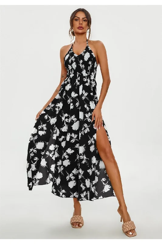 FS Collection Floral Print Tie Halterneck Back Detail Maxi Dress In Black