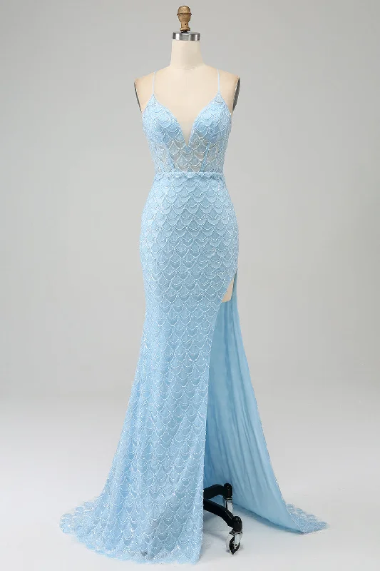 Glitter Sky Blue Spaghetti Straps Mermaid Prom Dress with Slit