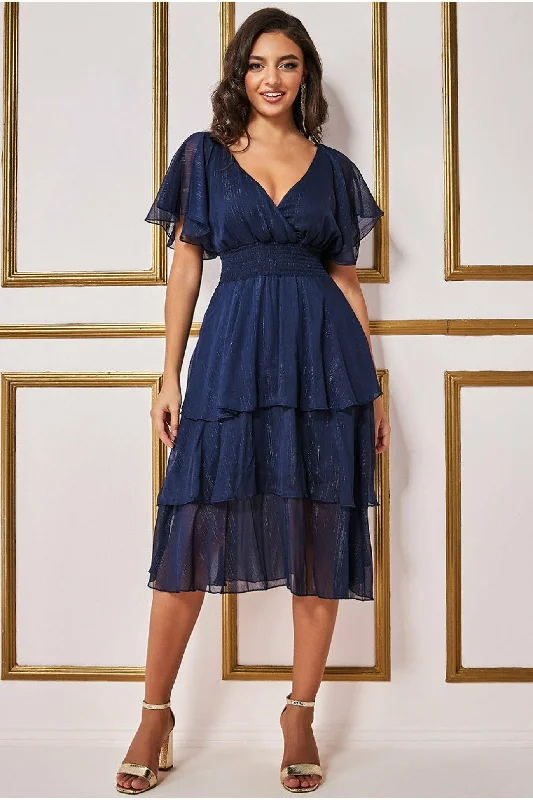 Goddiva Chiffon Layered Flutter Sleeve Midi Dress - Navy