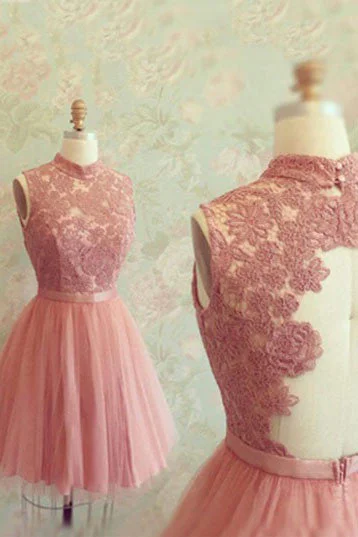 Gorgeous A-line High neck Pink Lace Appliques Short Tulle Sweet Homecoming Dress OK333