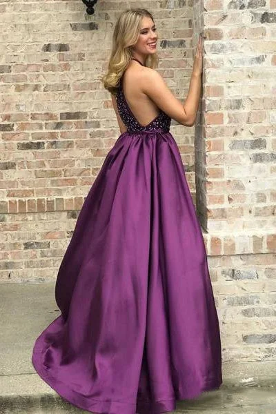 Halter Purple Long Satin Prom Dress Beaded Junior Evening Gown New OKI6