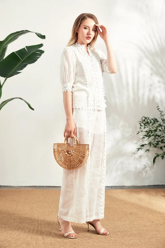 Heather Lace Linen Pants - White