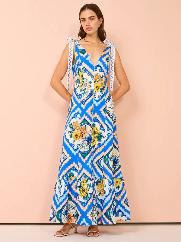 Hire BY NICOLA Adoncia Tie Shoulder Maxi Dress In Azure Floral