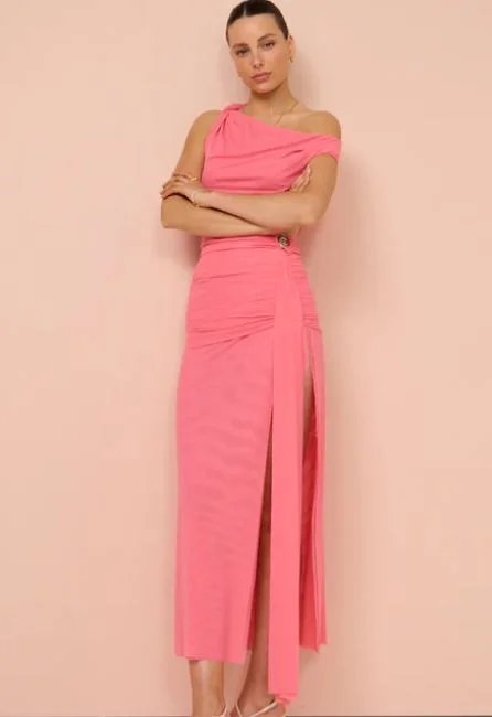 Hire Bec + Bridge Kailani Asym Dress in Grapefruit Pink