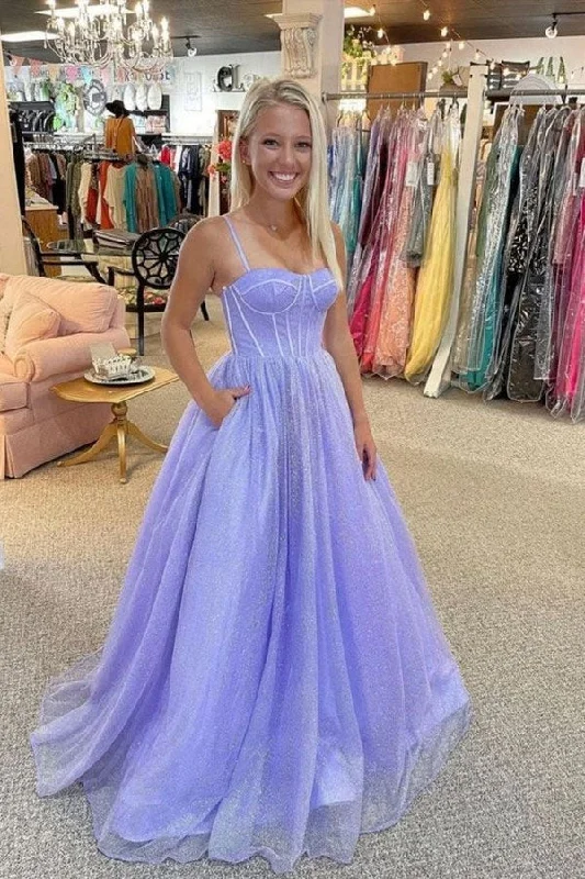 Lavender A Line Spaghetti Straps Long Prom Dresses, Formal Evening Dresses OK1823