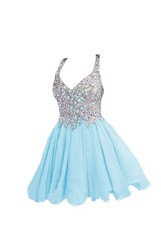 Light Sky Blue Beaded V-neck Homecoming Dresses ED0687