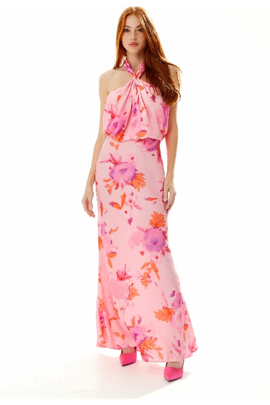 Liquorish Halter Maxi Floral Print Dress In Pink