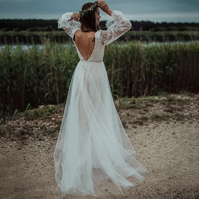 Long Sleeves V Neck Beach Wedding Dress Boho High Slit Backless Bridal Gowns OKY95