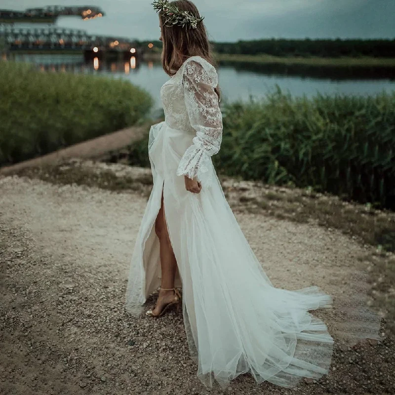 Long Sleeves V Neck Beach Wedding Dress Boho High Slit Backless Bridal Gowns OKY95