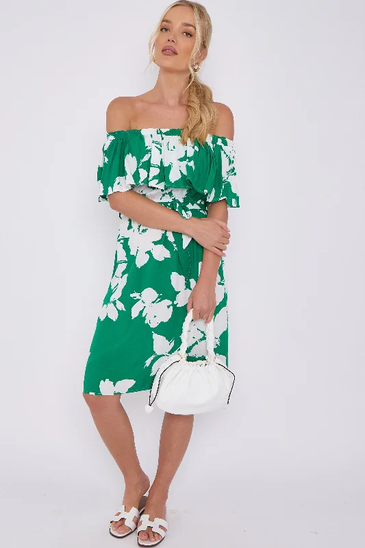 LOVE SUNSHINE Green Floral Print Bardot Mini Dress