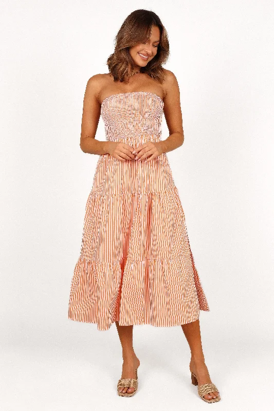 Maisie Strapless Midi Dress - Orange Stripe