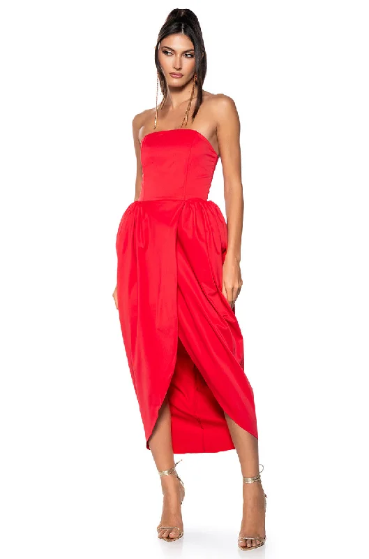 TULIP SKIRT SPAGHETTI STRAP MIDI DRESS IN RED