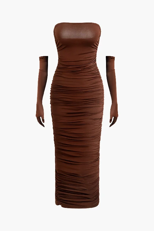 Ruched Strapless Maxi Dress With Glove