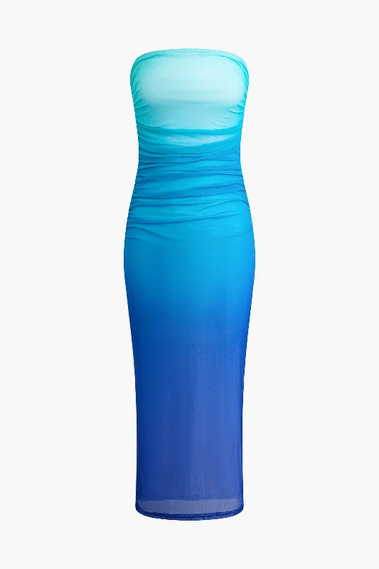 Ombre Mesh Slit Ruched Strapless Midi Dress