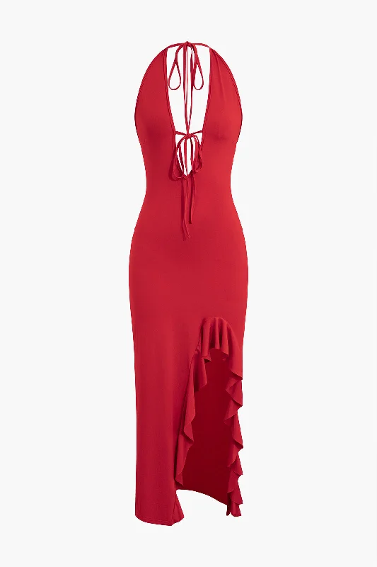 Halter V Neck Backless Ruffle Trim Midi Dress