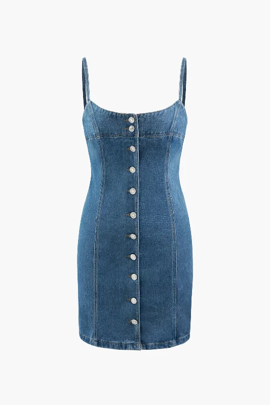 Solid Button Detail Denim Slip Mini Dress