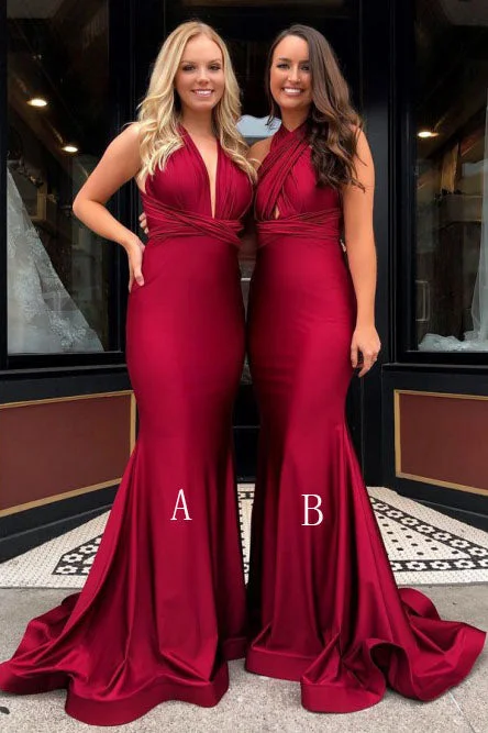 Mermaid V-Neck Burgundy Long Convertible Prom Bridesmaid Dress OKR23