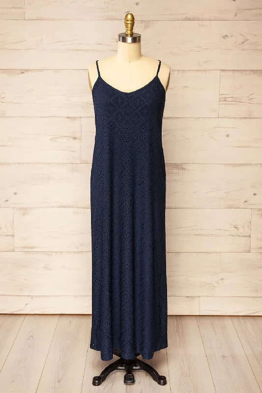 Miraflores Navy | Straight Cut Maxi Dress w/ Openwork