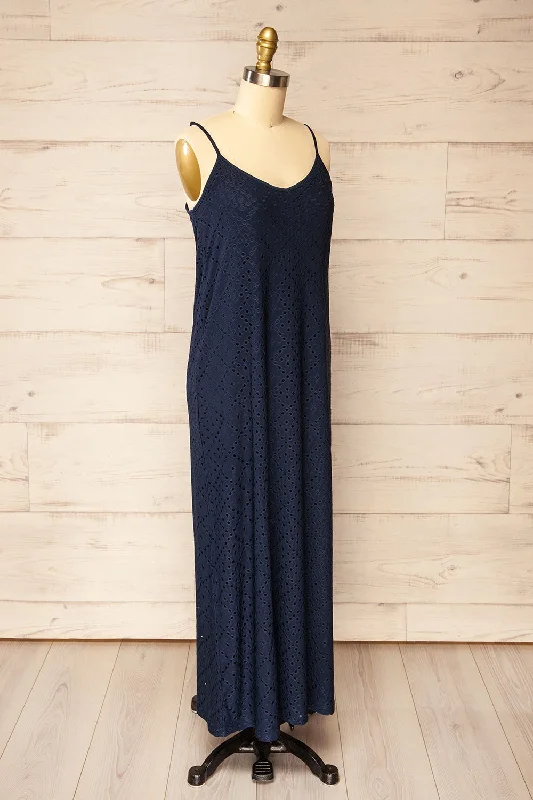 Miraflores Navy | Straight Cut Maxi Dress w/ Openwork