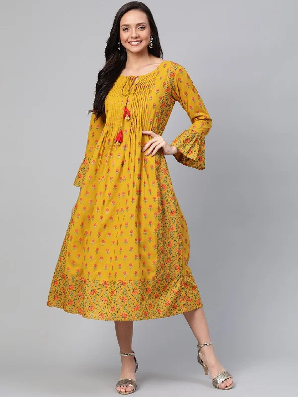 Women's Mustard Printed Dress - Yufta