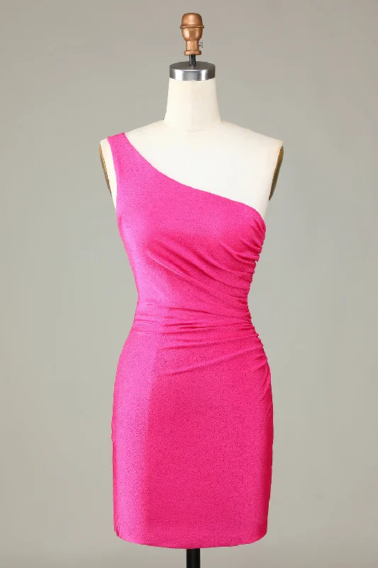 Unique Hot Pink One Shoulder Unique Pleated Short Tight Homecoming Dress