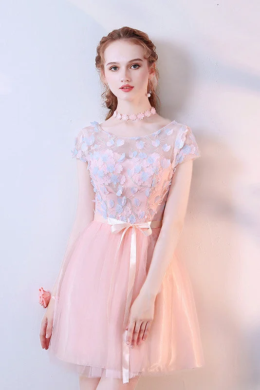 Pink A-Line Tulle Cap Sleeves Short Homecoming Dresses With Flowers OKC59