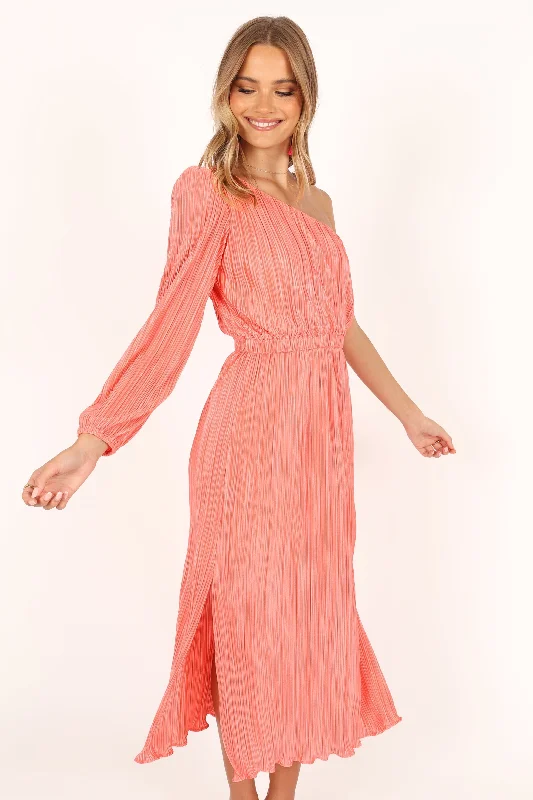 Pontee One Shoulder Pleated Midi Dress - Coral