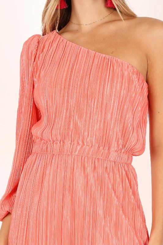 Pontee One Shoulder Pleated Midi Dress - Coral