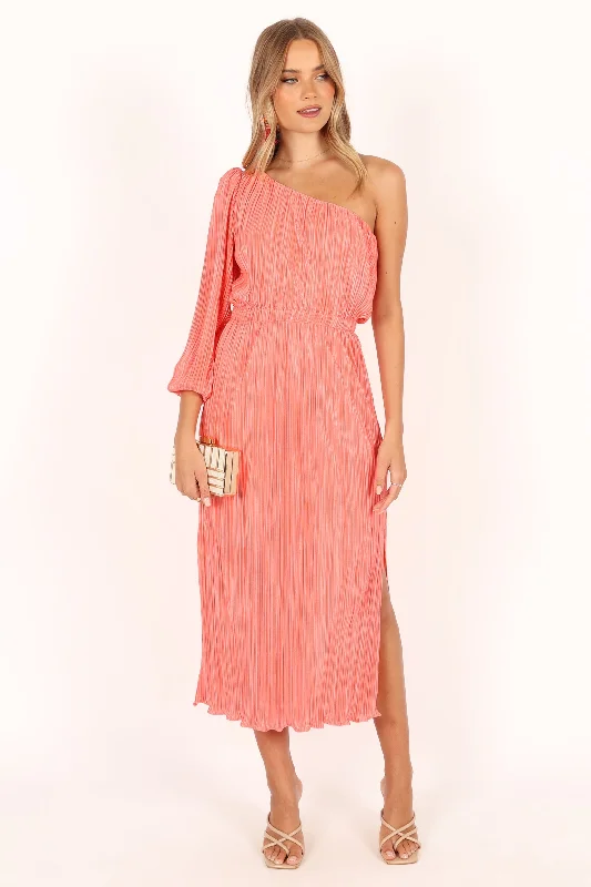 Pontee One Shoulder Pleated Midi Dress - Coral