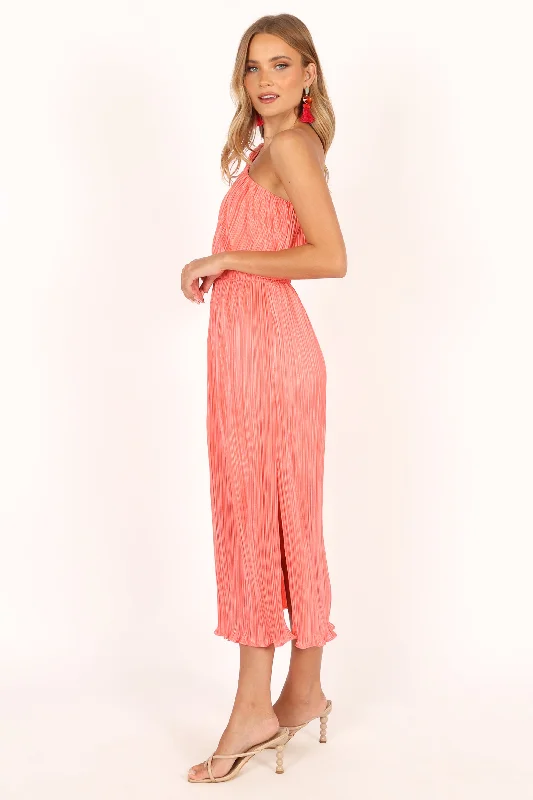 Pontee One Shoulder Pleated Midi Dress - Coral