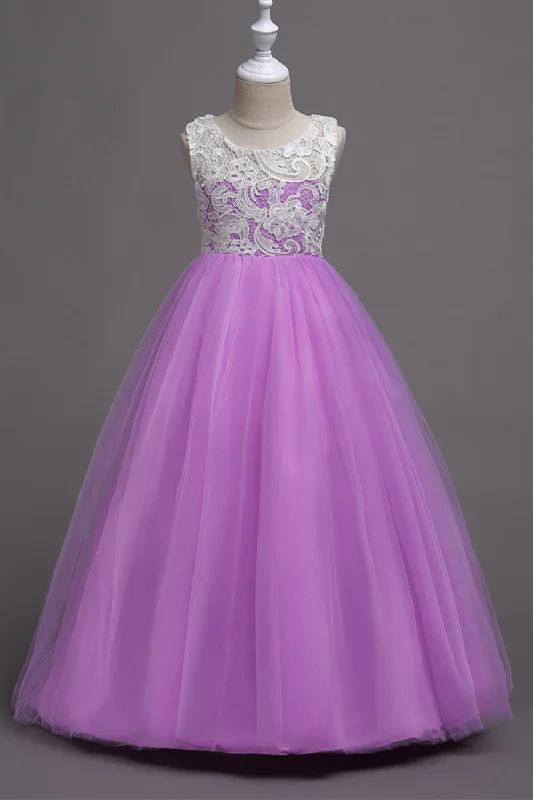 Purple A Line Tulle Girls Dresses With Lace