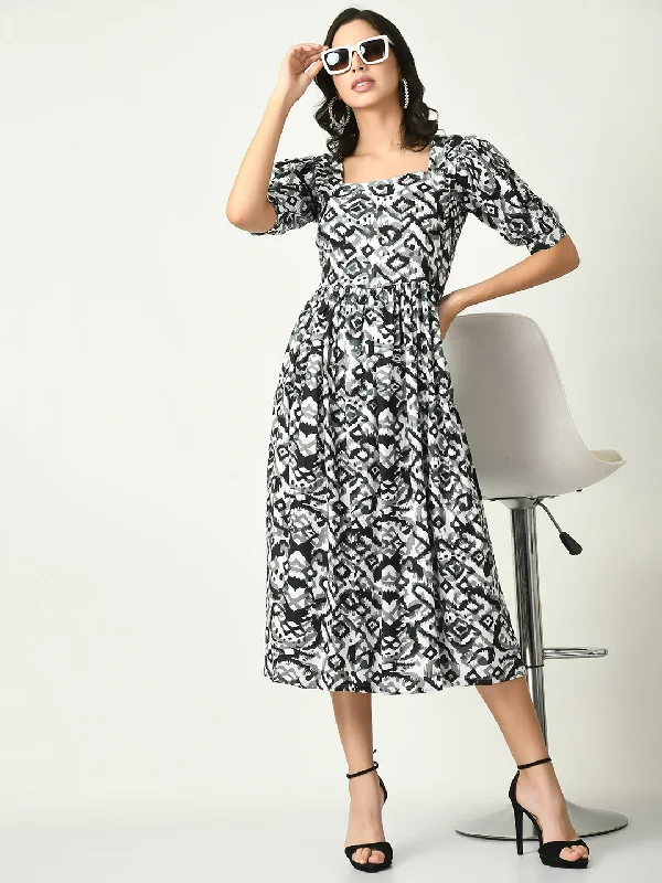 Women Black Printed Midi Dress