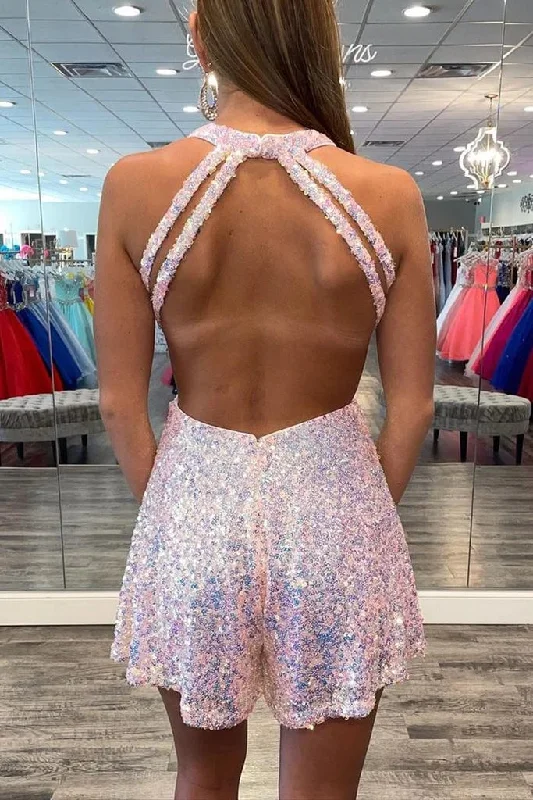 Scoop A Line Pink Sequin Short Homecoming Dress Graduation Dress OK1499