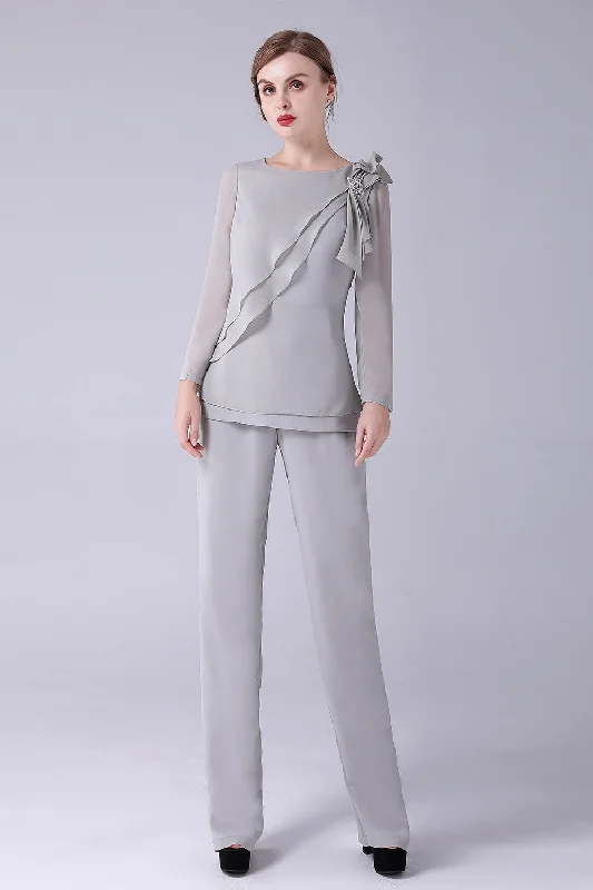 Silver 2 Pieces Chiffon Mother of the Bride Pant Suits