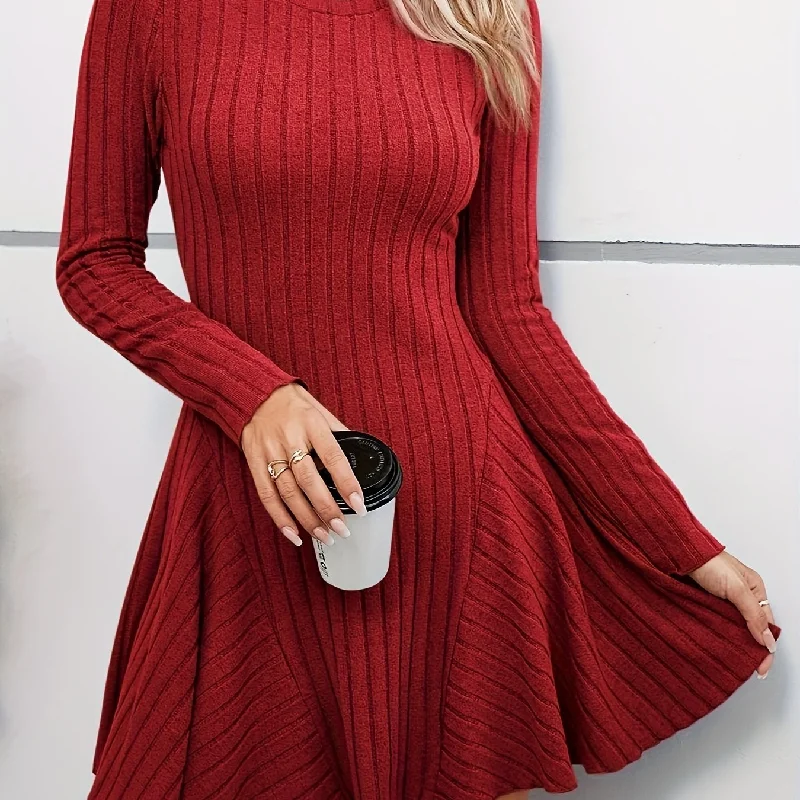 Sixsr Rib Knit Long Sleeve Flare Dress, Casual Crew Neck Dress For Spring & Summer, Women's Clothing