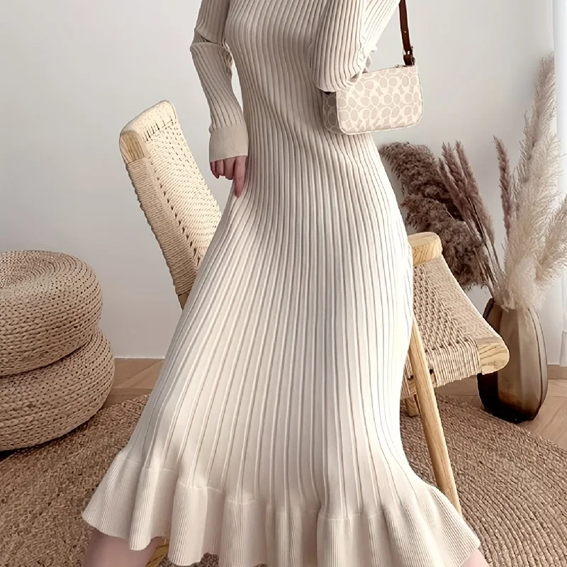 Sixsr Ribbed Ruffle Hem Dress, Elegant Crew Neck Long Sleeve Dress, Women's Clothing