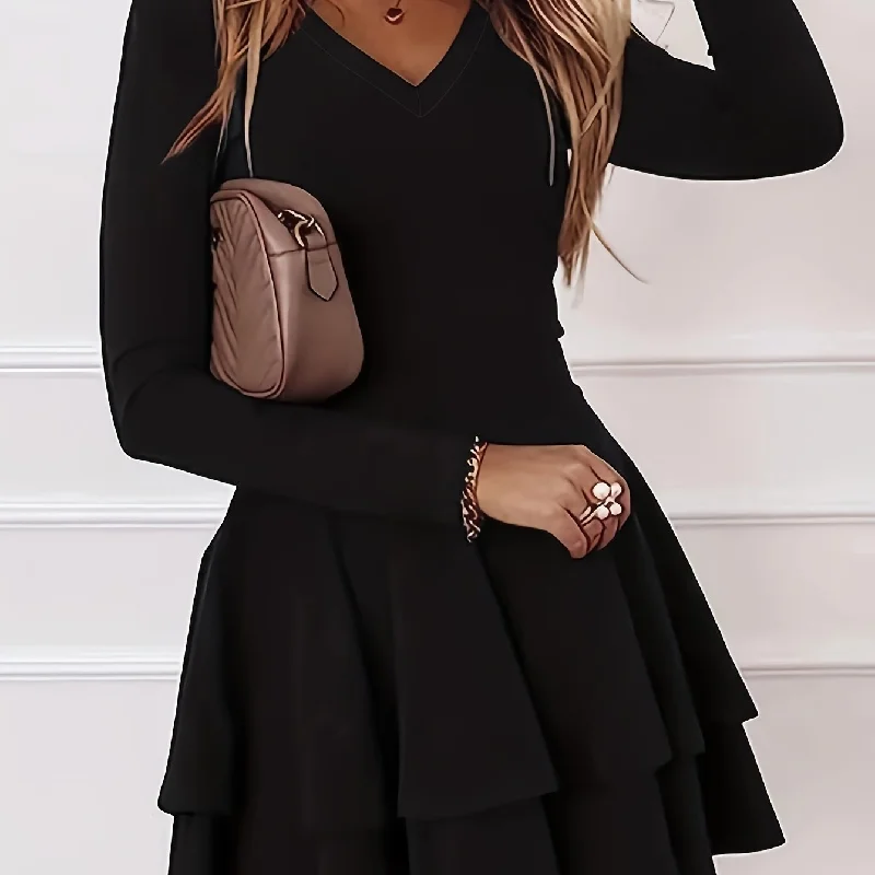 Sixsr Solid Layered Dress, Casual V Neck Long Sleeve Dress, Women's Clothing