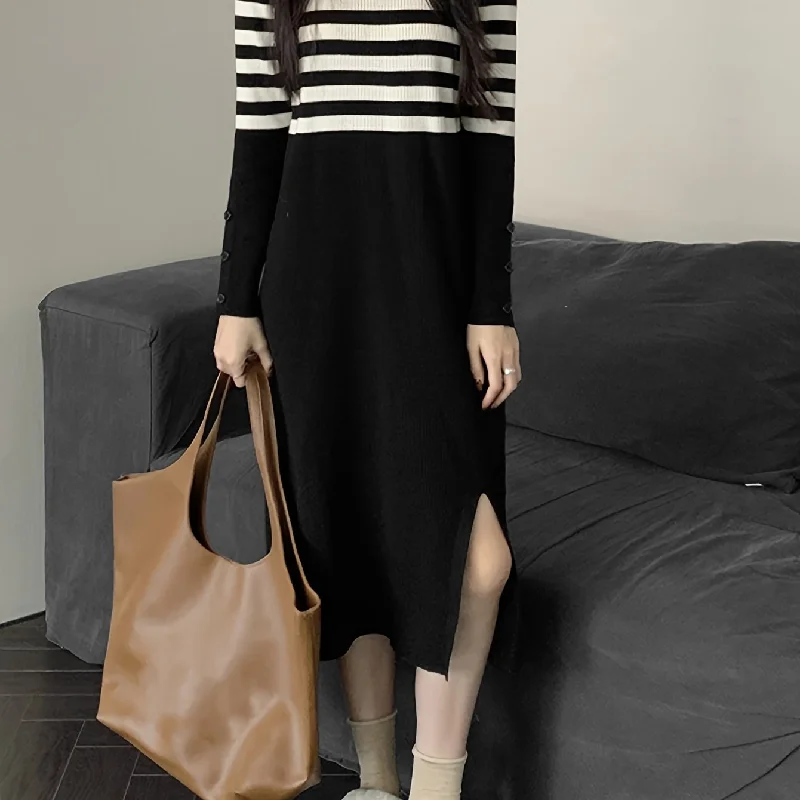 Sixsr Striped Pattern Split Hem Dress, Casual Long Sleeve Dress For Spring & Fall, Women's Clothing