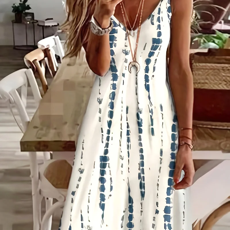 Sixsr Tie Dye Striped Spaghetti Dress, Casual V-neck Cami Dress, Women's Clothing