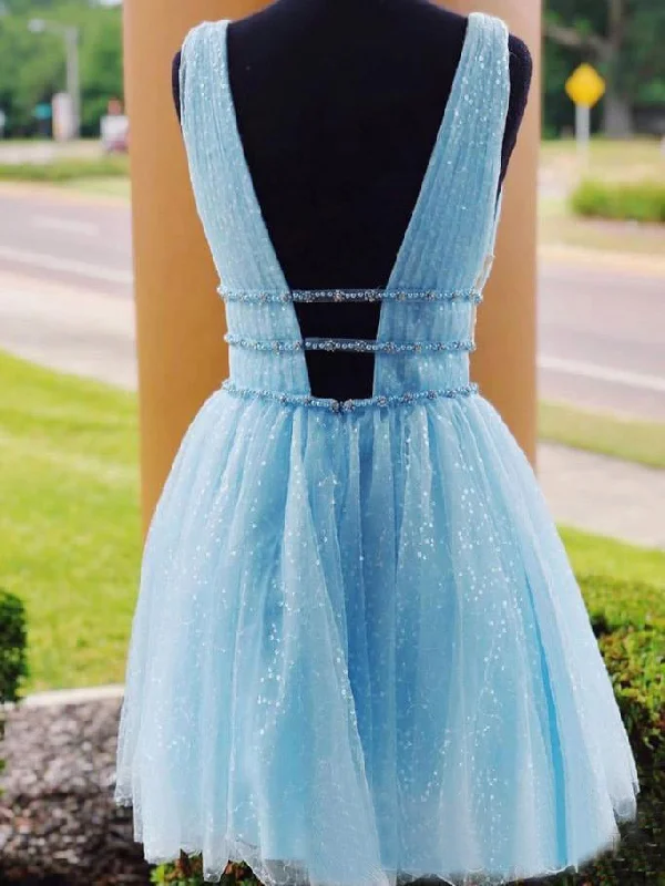 Sky Blue Beaded Backless Homecoming Dress, Short Graduation Dress OKO10