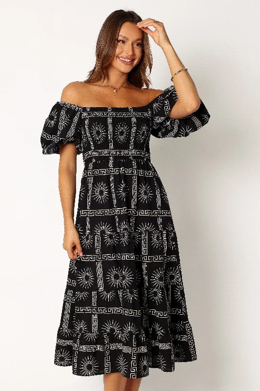 Soliel Puff Sleeve Midi Dress - Black Tan