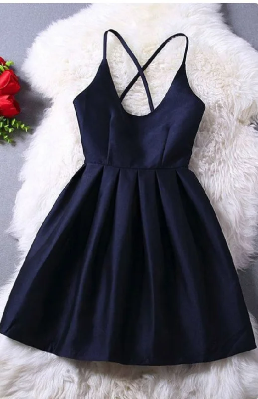 Sweet 16 Dresses,Navy Blue Short Satin Backless Prom Dress,Simple Homecoming Dresses OK321