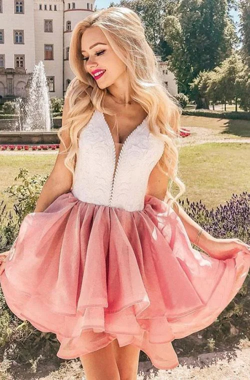 Sweet A-Line V-Neck Sleeveless Short Pink V Neck Homecoming Dress With Lace OKZ47