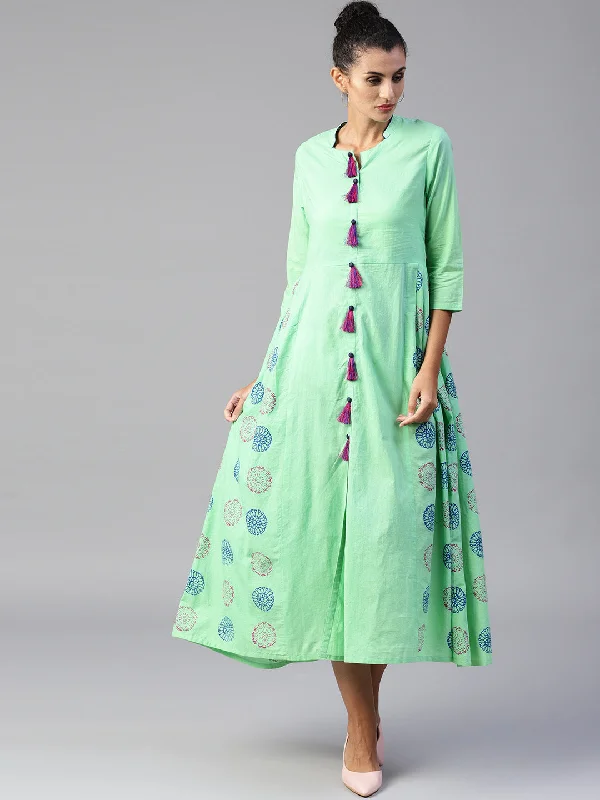 Women Sea green printed woven midi fit and flare dress