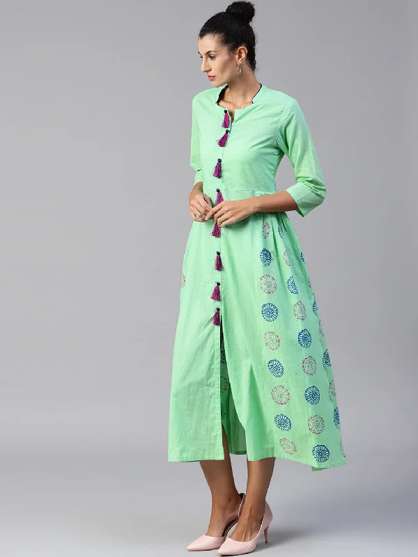 Women Sea green printed woven midi fit and flare dress