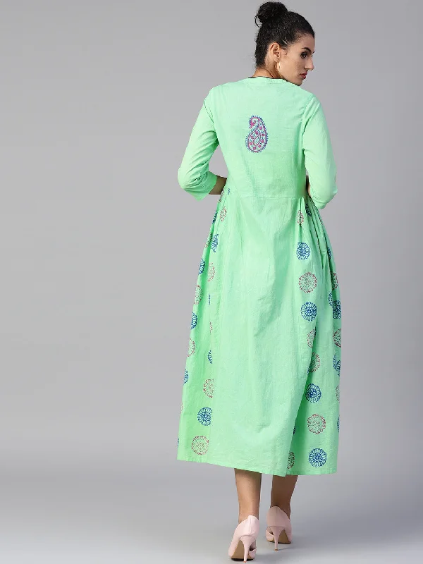 Women Sea green printed woven midi fit and flare dress