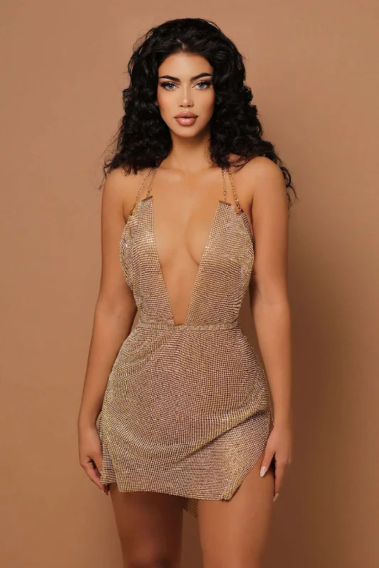 The Dip It Low Diamanté Dress Gold