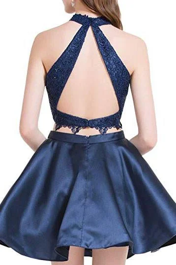 Two Piece Dark Blue Short Homecoming Dresses with Lace, A Line Satin Graduation Dress OKM55